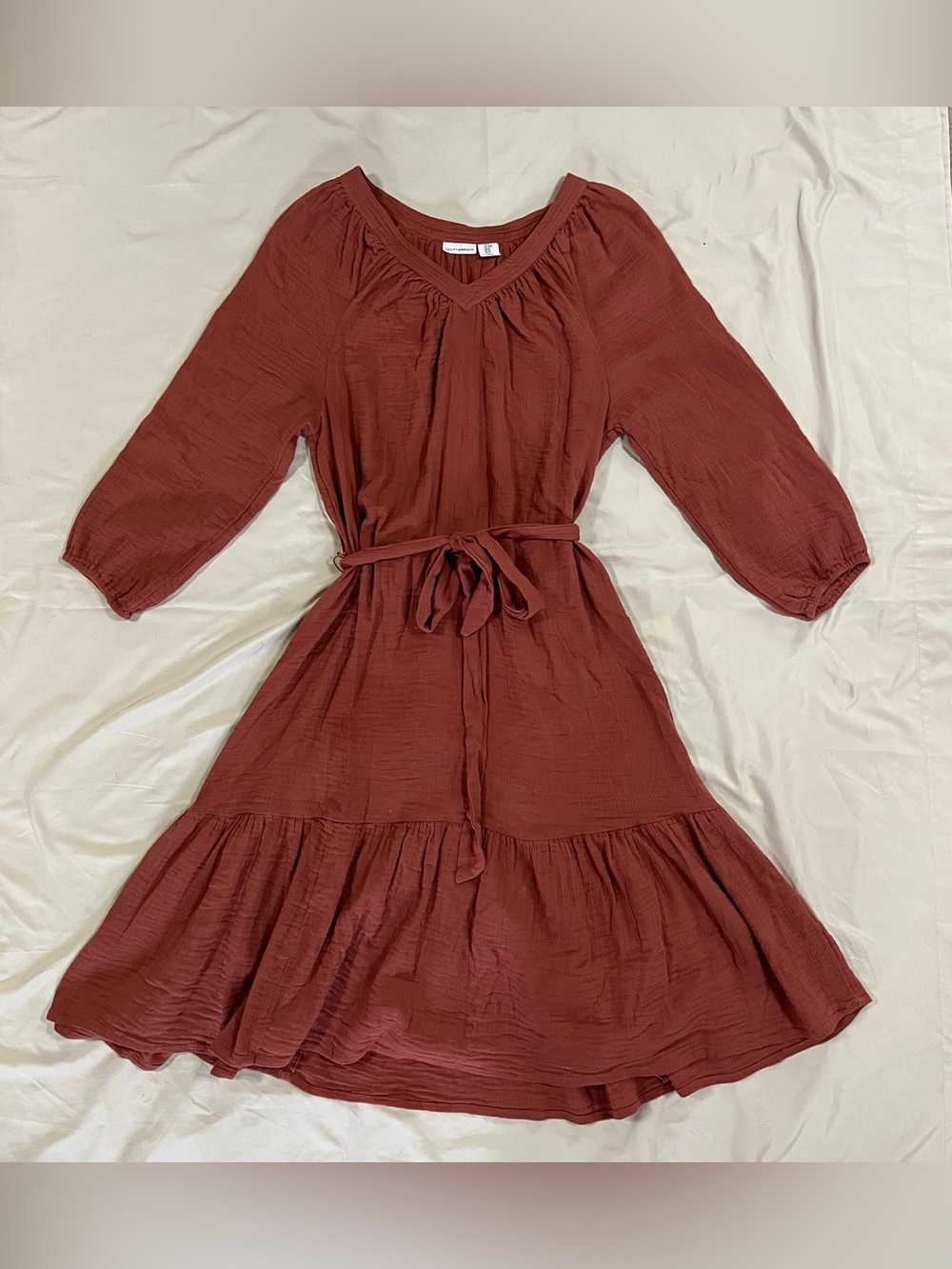 Lucky Brand Tiered Midi Dress Balloon Sleeve Tie Waist Boho Size Medium Rust